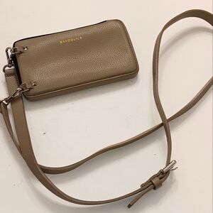 Bandolier Medium Taupe Neutral Crossbody Expanded Pouch Zip Closure Silver